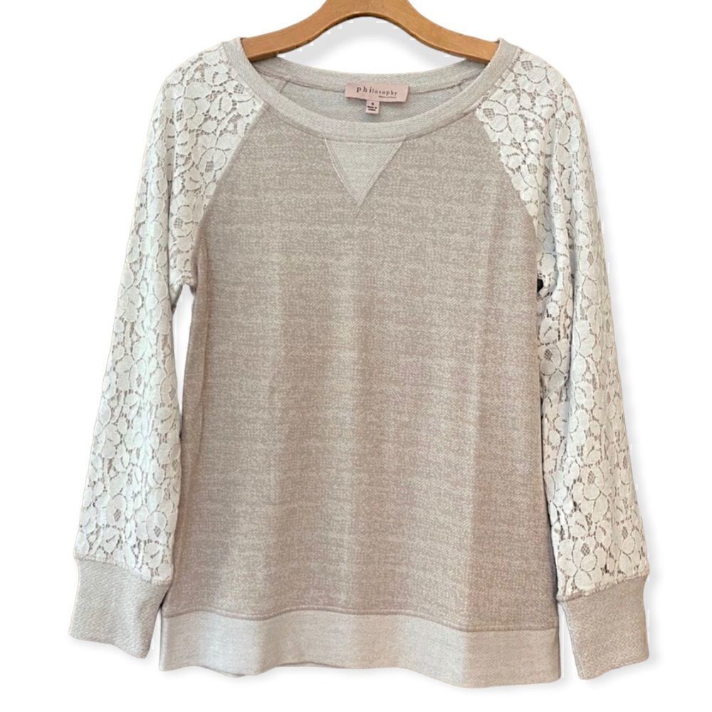 Philosophy S Tan Lace Shoulder Sleeves Casual Weekend Sweatshirt
